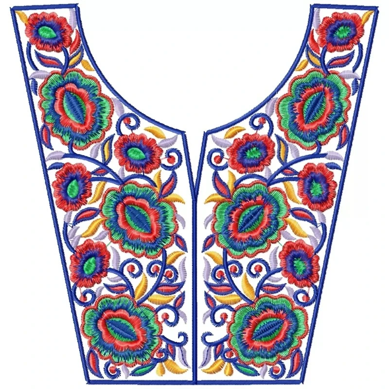 Colorful Floral Indian V Shaped Neckline Embroidery Design