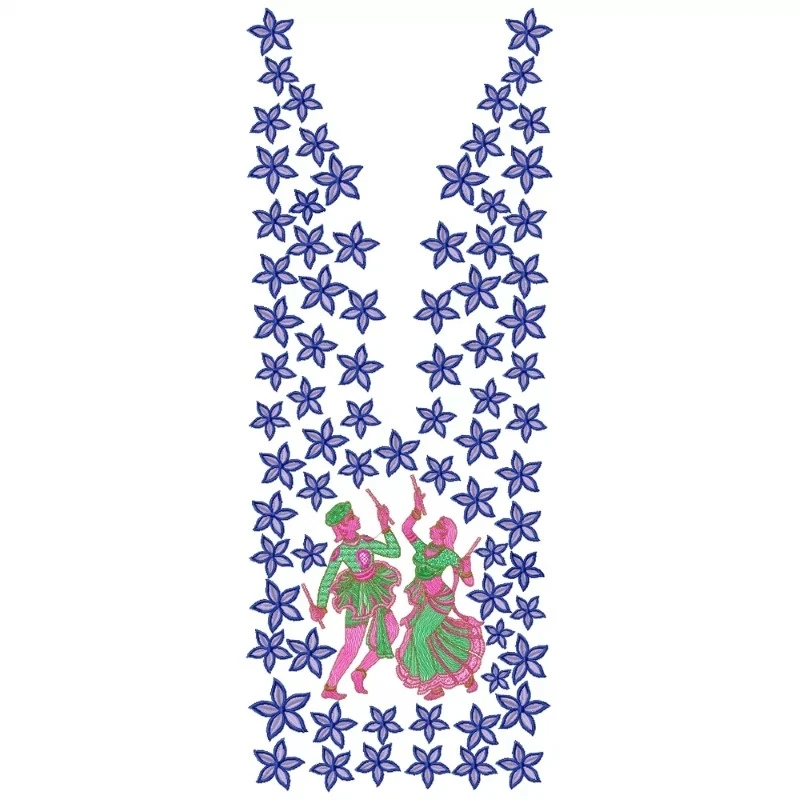 Indian Garba Playing Couple Floral Neckline Embroidery Design
