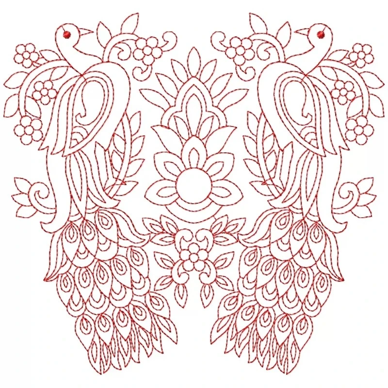 RedWork Peacocks Floral Pattern Design