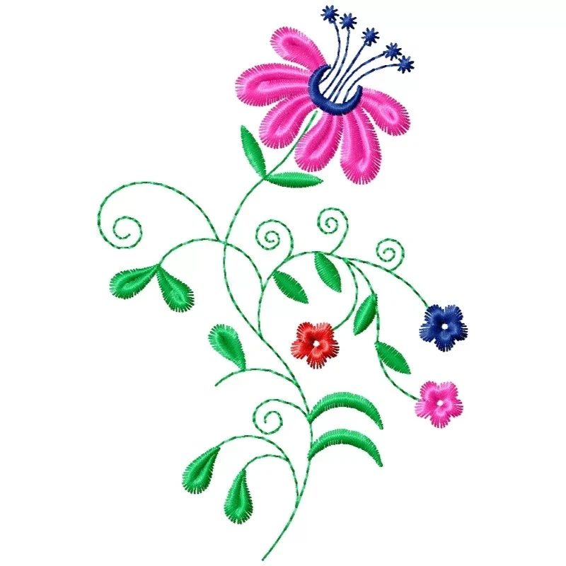 Single Colorful Flower With Leaves Embroidery Design