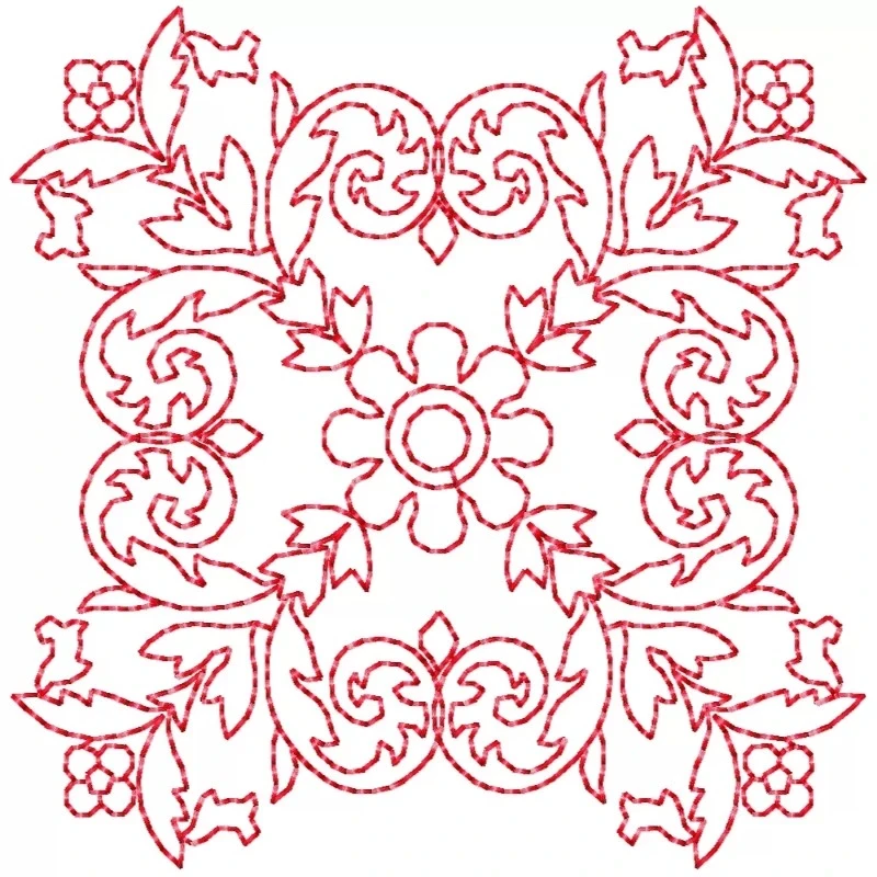 Outline Square Blocks Floral Redwork Embroidery Design
